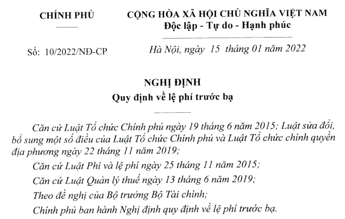 nghi dinh 10 2022 le phi truoc ba