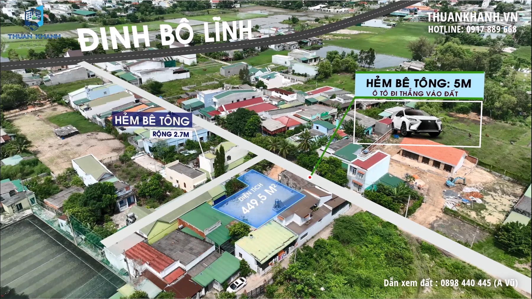 Chính Chủ Cần Bán Lô Đất 449,5 m² ( Có 257,9m²Thổ Cư ) _ Cách Đường Đinh Bộ Lĩnh 150m _ Xe Hơi Đi Thẳng Vào Đất